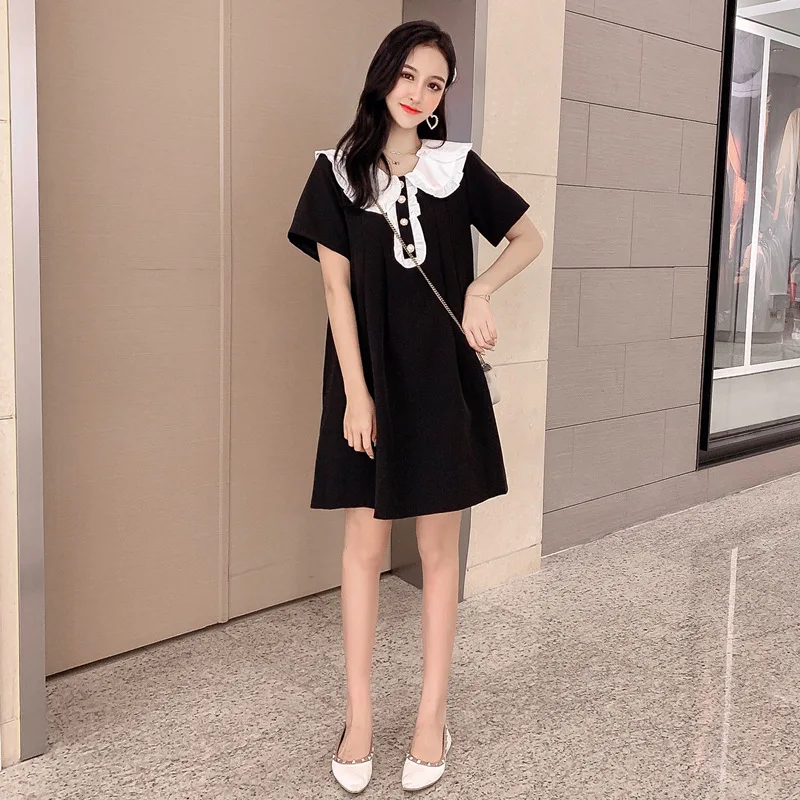 

2019 Summer New Style Online Celebrity Customizable Peter Pan Collar Black And White with Pattern Loose-Fit Hipster Mid-length L