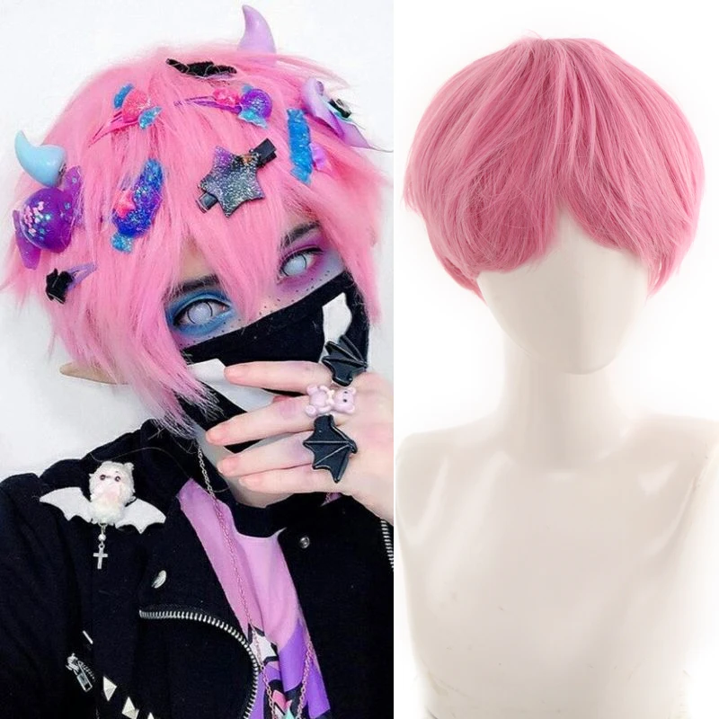 

Ailiade Short Men's Wig Straight With Bangs 12" Pink Cosplay Anime Synthetic Wig For Women Boy Fake Hair Halloween Daily Wigs