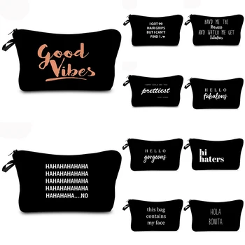 

Women Letters Print Black Makeup Bag Cosmetic Bag Makeup Organizer Toiletry Storage Bag Zipper Travel Wash Pouch Makeup Bag