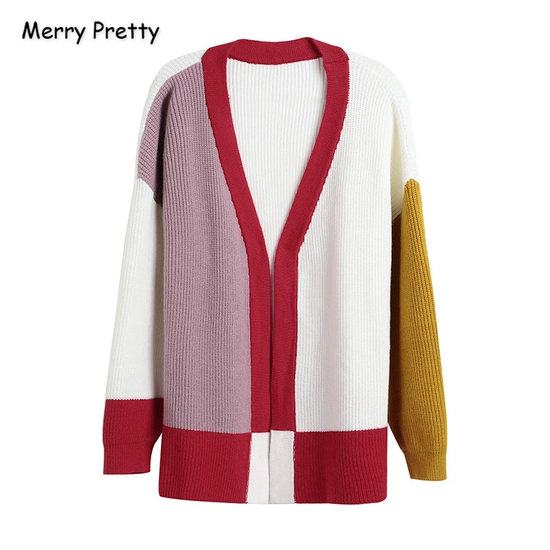 ^*Best Offers MERRY PRETTY Women's Knitted Sweaters Contrast Color Patchwork Cardigan Winter Long Sleeve V-Neck Cardigans Femme Sweater