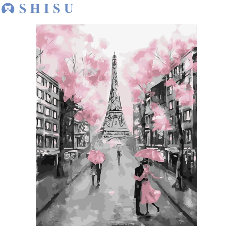 

New DIY Pink Pari Tower Drawing Landscape Oil Acrylic Painting By Number on Canvas Framed Wall Picture Art for Home Decor