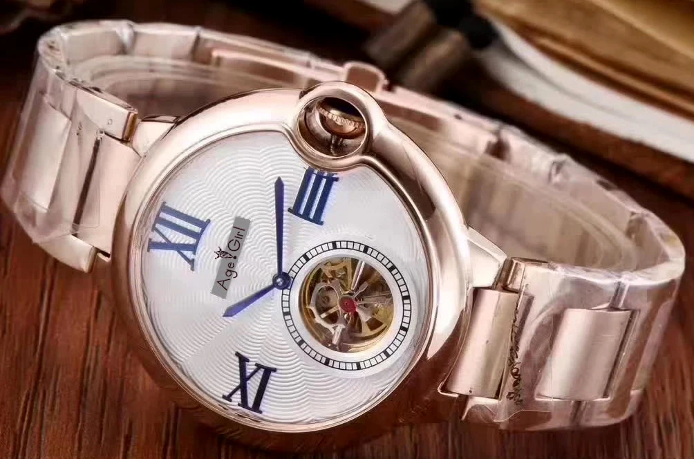 Famous Brand New Men Automatic Mechanical Watches Silver Rose Gold Rome Black Leather Tourbillon Sa