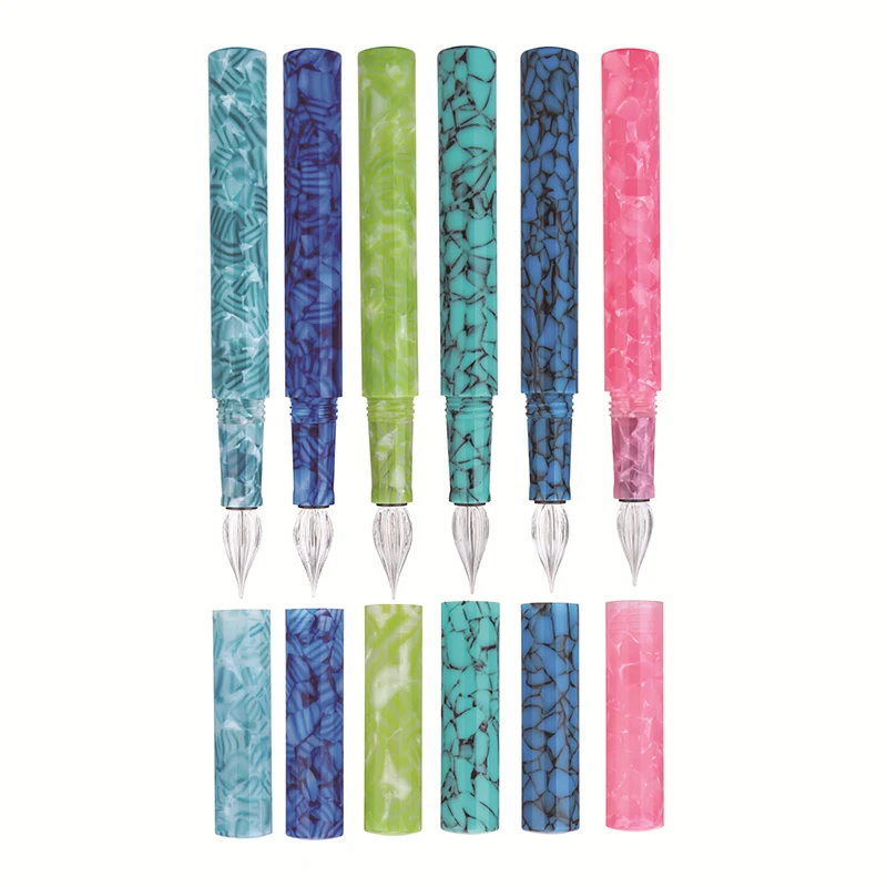 MAJOHN Creative Celluloid Fountain Pen & Glass Dip Pen Colorful Dual-Use EF/F/Small Bent Nib Ink Pen & Box Writing Gift Set