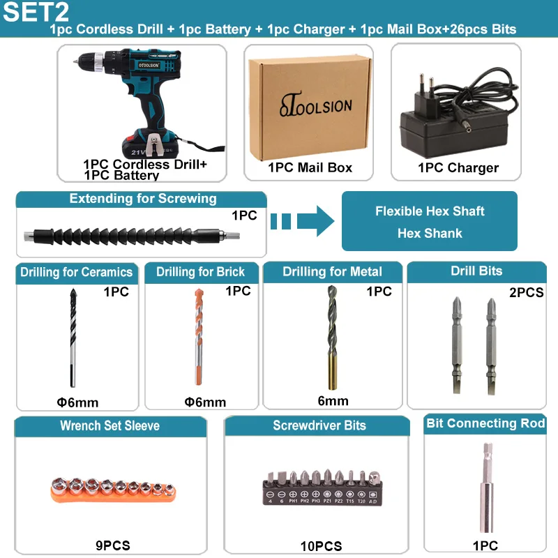 SET2 (1 pc battery) 21 в двойная скорость ударная Аккумуляторная дрель шуруповерт маленькая дрель электрические инструменты молотковая дрель Электроинструмент Furadeira E Parafusadeira - Цвет: SET2 (1 pc battery)