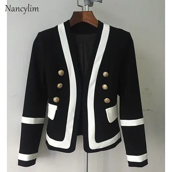 

Handsome Jacket Double-breasted Black and White Contrast Color Classic Slim-Fit Suit Jacket Ladies High Street Wear Blazer Mujer
