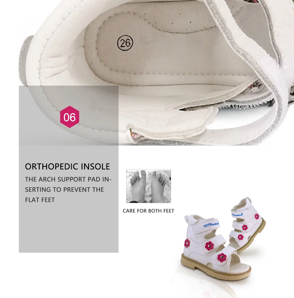 Kids Girls High-top Corrective Shoes White Genuine Leather Orthopedic Sandals with Lovely Flower Spring Summer Shoes for Health