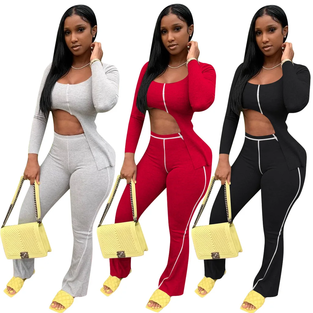 Echoine Women Sweat Suits Irregular Sweater Tops Flare Bottom Pants