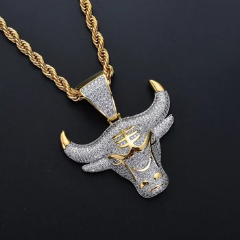 

Fashion Full Rhinestone Cow Head Pendant Necklace Bling Ice Out Stainless Steel Gold Necklace Men's Sweater Chain 2020 Jewelry