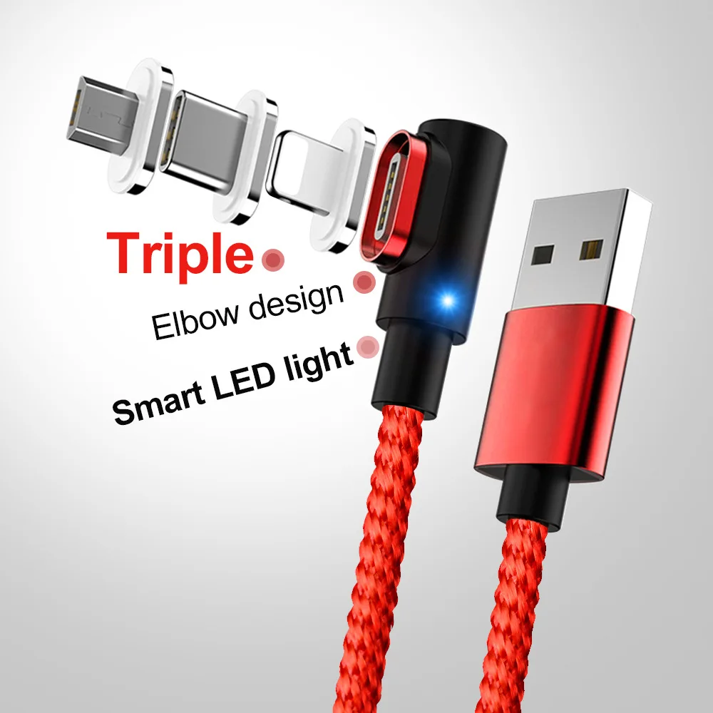 Magnetic USB Charging Cable Elbow 3.0A Fast Charge Cable For iPhone X XR Micro USB Type C Huawei Xiaomi Samsung Phone 3