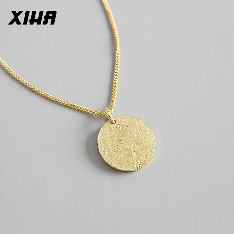 

XIHA 925 Sterling Silver Pendant Necklace for Women Matte Silver Round Circle Pendants Chain Korean Fashion Personalized Jewelry