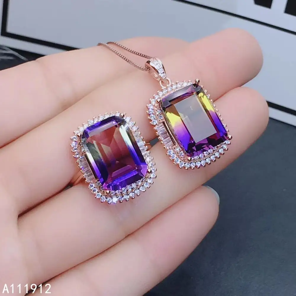 

KJJEAXCMY fine jewelry Ametrine 925 sterling silver women pendant necklace chain ring set trendy