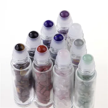 

10pcs 10ml Natural Semiprecious Stones Gemstone Roller Ball Essential Oil Bottles Transparent Glass Healing Crystal Chips Inside