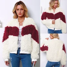 Зимняя мода, контрастное Спортивное повседневное бейсбольное короткое пальто с длинным рукавом из искусственного меха, Женская пушистая теплая верхняя одежда с воротником-стойкой, куртка D2