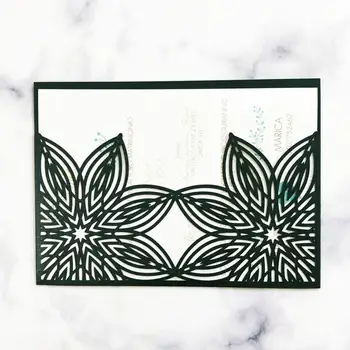 

12pcs Dark Green Pocket Style Invitation Card Envelope Celebration Ceremony Envelope，Hollow Laser Cut Flower RSVP Cards