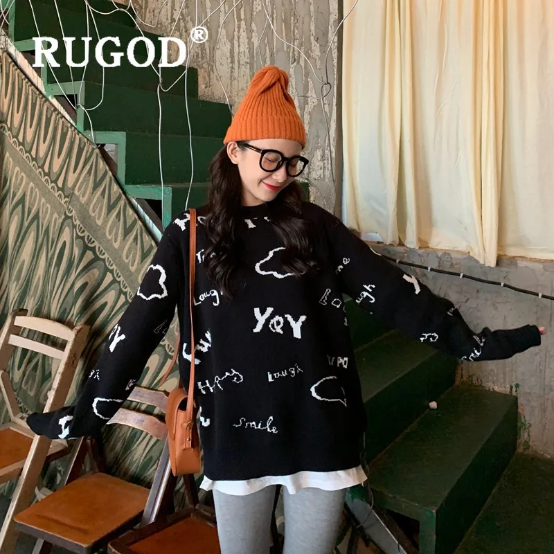 RUGOD, смешной принт с буквами, Свободный вязаный свитер для женщин, круглый вырез, мягкий теплый трикотаж, Свободный Повседневный пуловер, Модные женские милые пуловеры