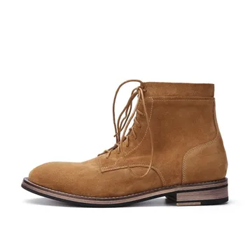 

New Round Toe Cow Suede Genuine Leather Boots Men Fashion England Style Lace Up Work Boots High Quality Fleece Warm Shoes