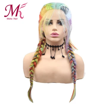 

Moko Hair Braided Colorful Rainbow Wig Middle Part Blonde Lace Front Wig With Natural Hairline Double Braid Wigs For Black Women