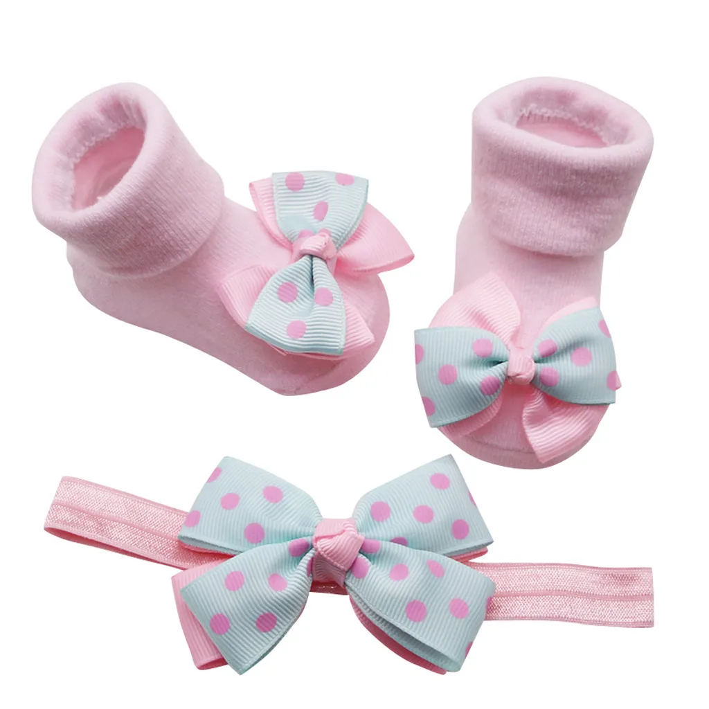 Baby Girls Infant Socks+1pc Hair Belt Toddler Girls Bow Wave Point Anti-slip Bow-knot Socks Winter Christmas Baby Warm Socks
