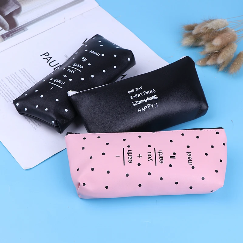 Cute Pink Black Pencil Case For Girls Kawaii Black White Dot PU Leather Pen Bag Stationery Office School Supplies