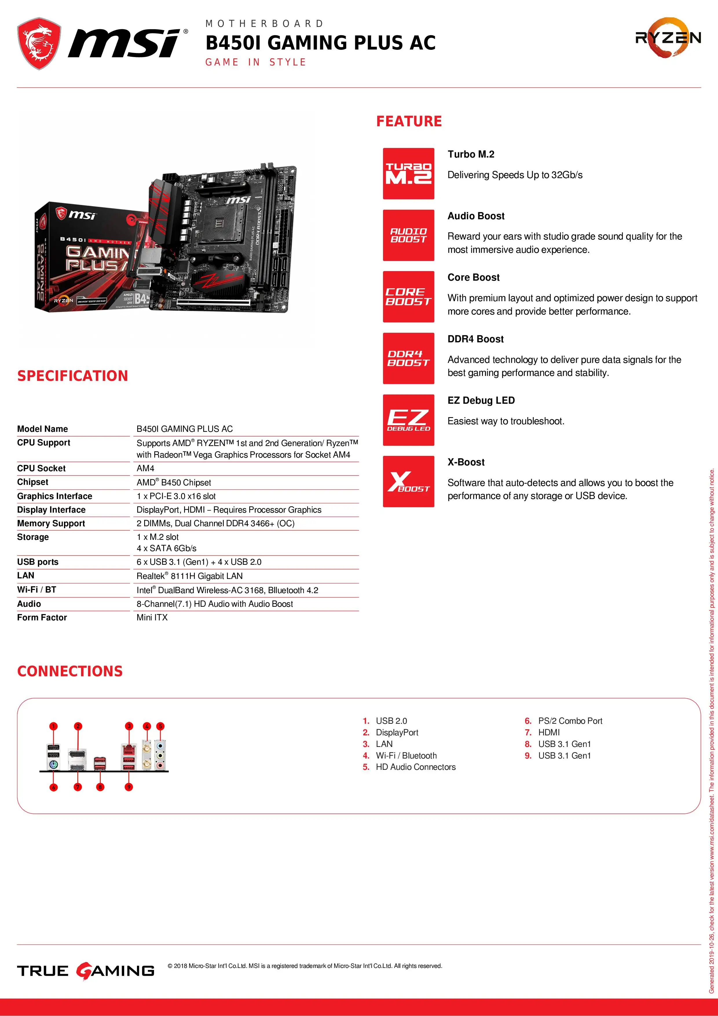 Материнская плата MSI b450I-GAMING-PLUS-AC am4 amd ryzen M.2 USB 3,1 DDR4 display port HDMI Mini-ITX B450I GAMING PLUS AC 2011