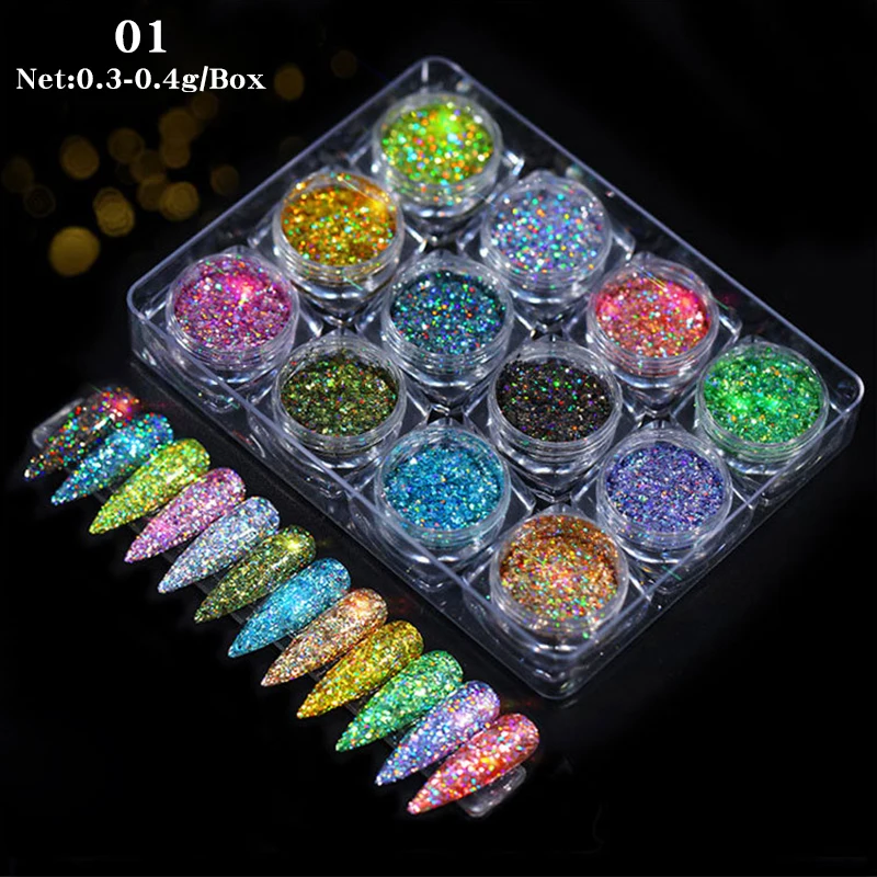 12pcs Nail Glitter Rose Gold Holographics Powder Shiny Sparkles Art Sequins Pigment Flakes Dust 3D Decorations Tips | Красота и