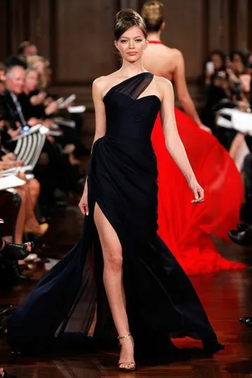 

Elegant Long One Shoulder Black Celebrity Dresses Robe De Soiree Floor Length Slit Stretchy Chiffon for Women