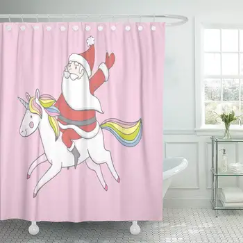 

Decorative Shower Curtain Colorful Christmas Cute Drawing Santa Riding Unicorn Pink Horse Beautiful Waterproof Bathroom Shower
