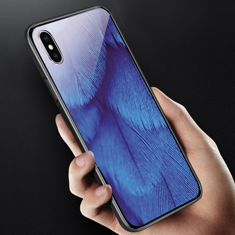 Чехол для iPhone X XS MAX XR для 6 6S 7 8 PLUS чехол из закаленного стекла с перьями красный желтый задняя чехол для iPhone 5 5S SE Funda