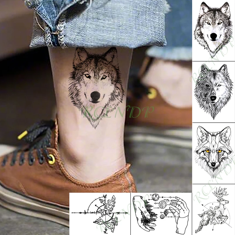 Водостойкая временная татуировка наклейка лиса компас животное дерево поддельные тату рука ноги флэш-тату художественные татуировки для детей Девушки Мужчины Женщины - Цвет: Монохромный
