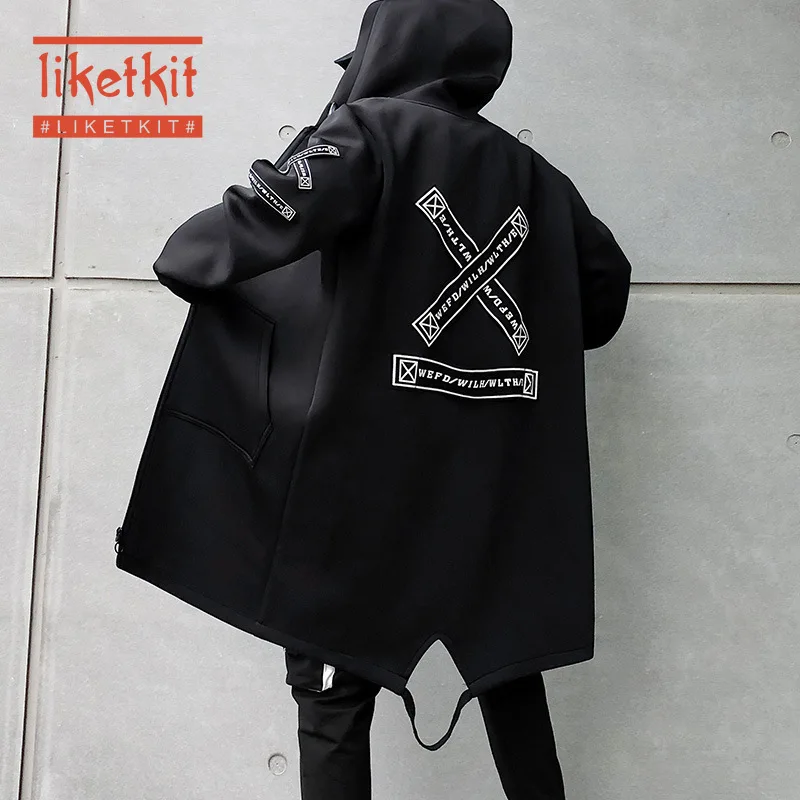 Liketkit, мужские новые длинные пальто с капюшоном, куртки, мужские свободные куртки-карго с буквенным принтом, мужские толстые тренчи, осенняя ветровка