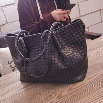 

Faux PU leather knitting bag plus size 2020 fashion black color handbag