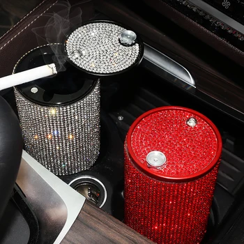 

Portable Multifuntion Car Ashtray Inlay Diamond Metal Home With Cover Mini Pocket Trash Can Accessories Decoration