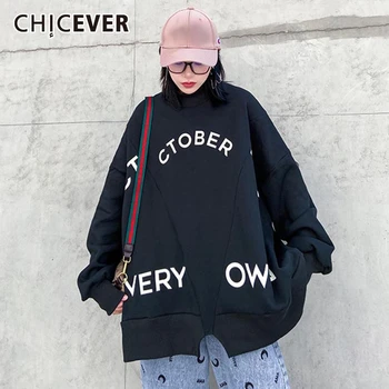 

CHICEVER Letter Print Hit Color Sweatshirt Women O Neck Long Sleeve Oversize Plus Velvet Thick Female Sweatshirts 2020 Clothes
