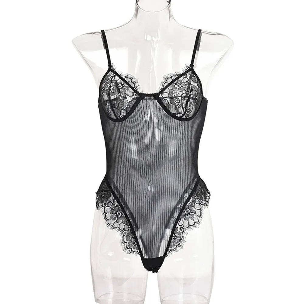 

Women's Striped See-Through Lace Stitching Fun Jumpsuit Chlorinated Fibre Adjustable Shoulder Straps Comfortable Novel O24