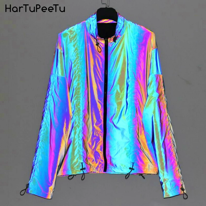 

Rainbow Reflecting Light Jacket Women Dazzling Blue Coat 2020 Summer Autumn Unisex Men Soft Washable Outwear PlusSize Drawstring