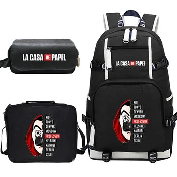 

Mochila Feminina La Casa De Papel 3pcs/set Backpack Lunch tote Pencil Case korean School Bookbags Travel Backpack Laptop Bagpack