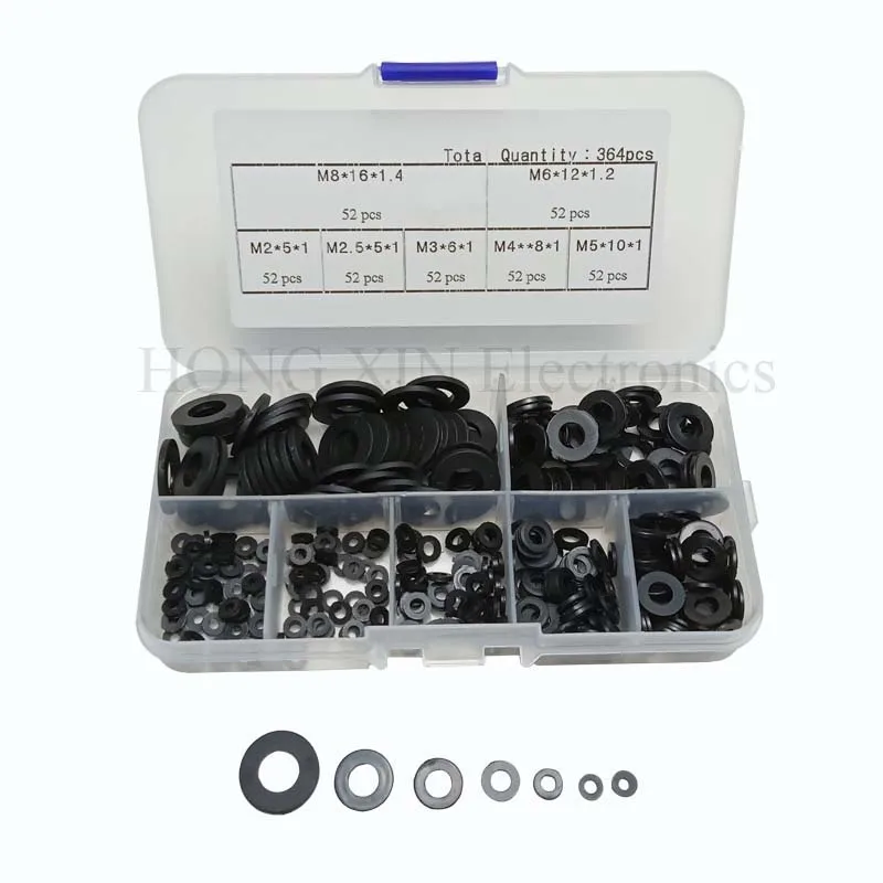 364 шт. M2/M2.5/M3/M4/M5/M6/M8 черное нейлоновое плоское кольцо простой ремонт шайба мебельная прокладка метрический Ассортимент Комплект с коробкой