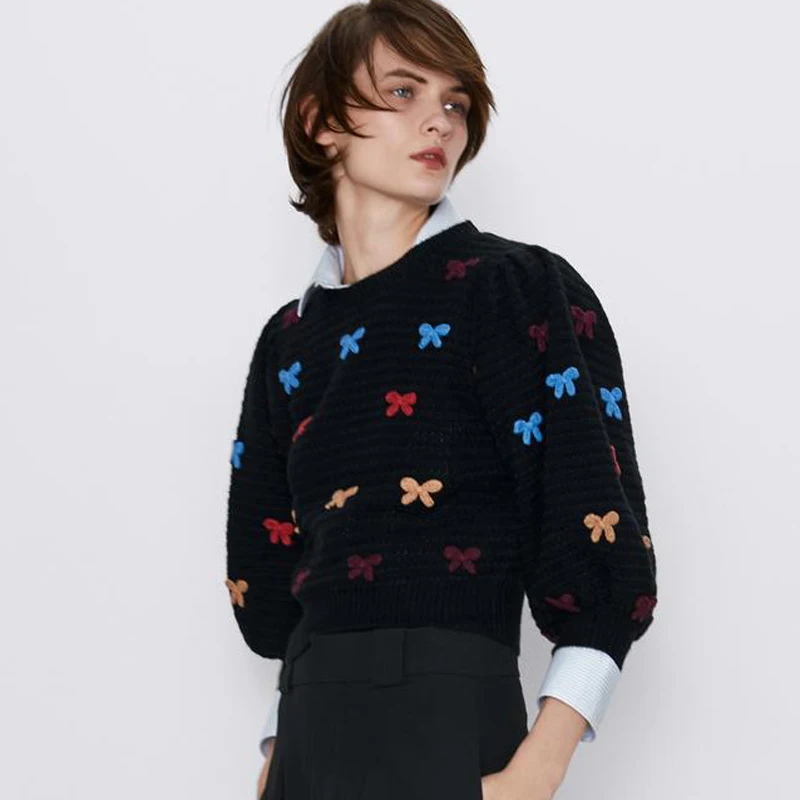 AGong O Neck Bow Sweaters Women Fashion Puff Sleeve Sweater Women Elegant Three Quarter Sweaters Female Ladies JY