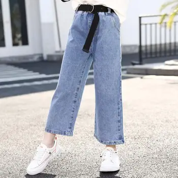 

New Wide Leg Jeans Pants Clothes for Girls High Waist Jeans Spring Autumn Korea Loose Running Denim Trousers With Belt 4-13 Year