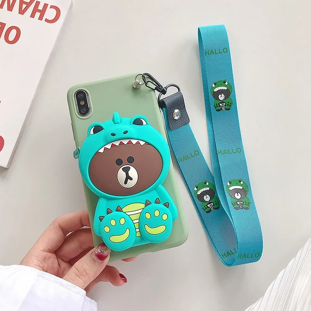 

Cute Cartoon 3D Bear Wallet Phone Case for Redmi Note 7 Pro Coque with Lanyard Soft Silicone Cover for Redmi Note 4 4X 5 6 Y3 Y2