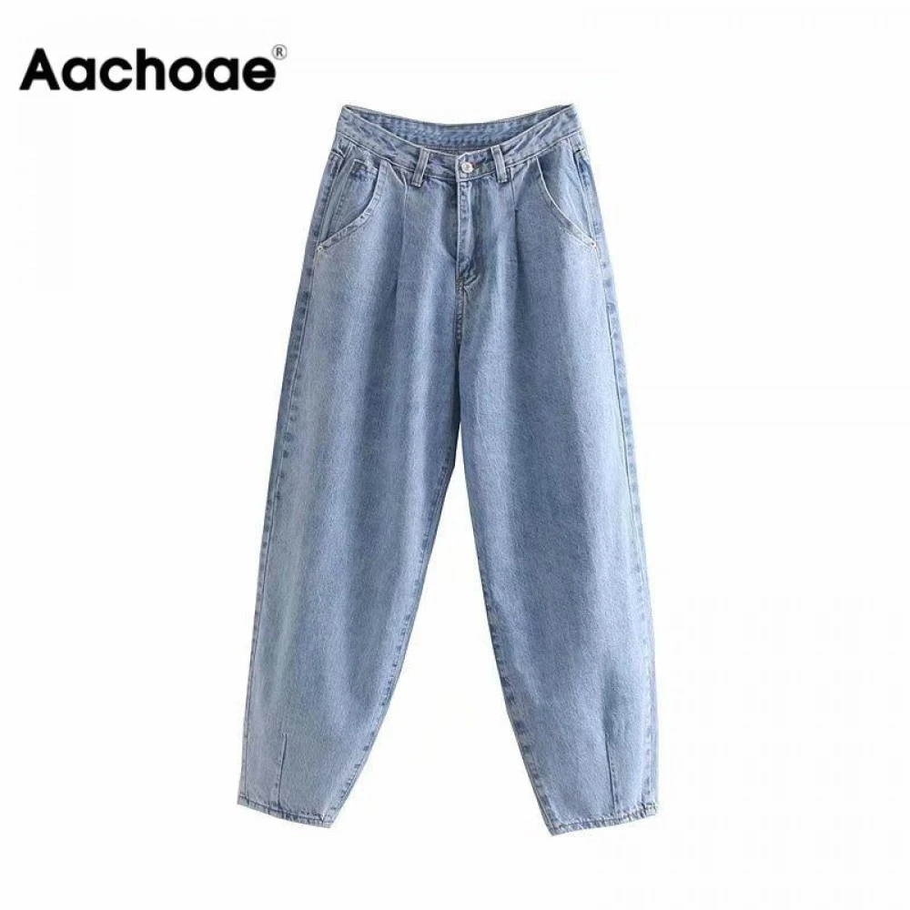 FAKUNTN Aachoae Women Blue Harem Jeans Loose mom Jeans High Waist Streetwear Boyfriends Washed Denim Long Trousers Bottoms bell bottom jeans