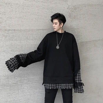 

Autumn Winter Men Splice Plaid Loose Casual Black Pullover Sweatshirt Male Streetwear Hip Hop Long Sleeve Hoodie Outerwear