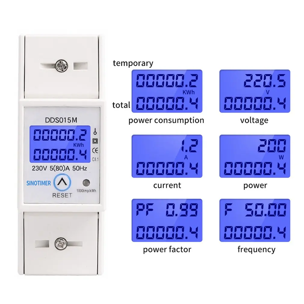DIN Rail 5-80A AC 230V 50Hz Single Phase Wattmeter Power Consumption Watt Electric Energy Meter kWh with Reset Function
