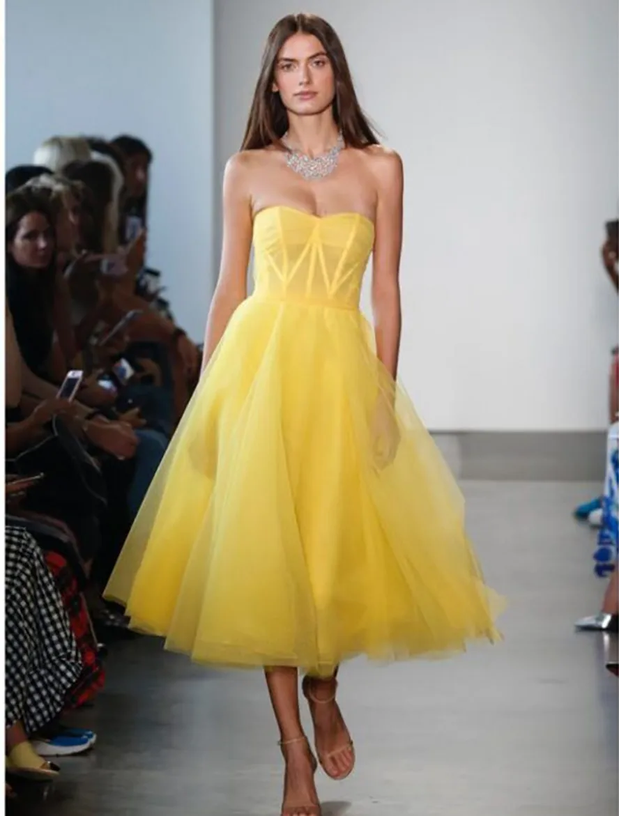 

Robe De Soriee Simple A-lien Tea Length Prom Dresses Short Formal Dress Party Gown Yellow Tulle Abiye Gece Elbisesi