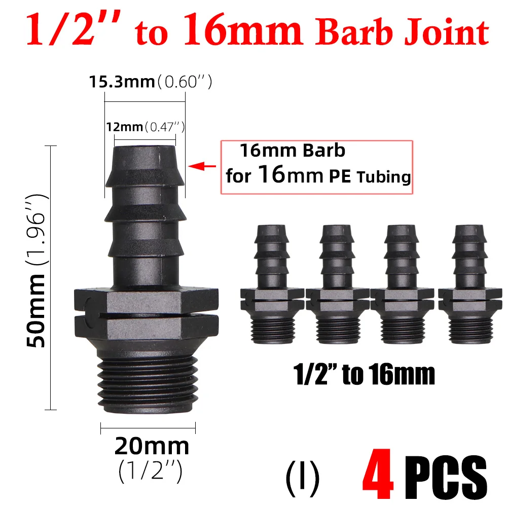 16 20 25MM 1/2" 3/4" Thread Connector to Barb 16mm 20mm PE Tubing Adapter Hose Joints Garden Drip Irrigation Coupling Fittings