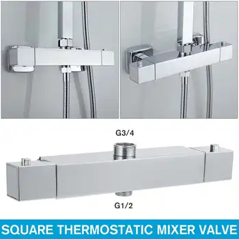 

Square Bathroom Thermostatic Shower Bar Wall Mounted Mixer Valve Tap Chrome Twin Outlet Water Valve Controller Bathtub Faucet