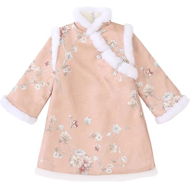 Hanfu/платье Чонсам для девочек зимнее теплое детское платье детское рождественское платье розового и синего цвета Новогодняя одежда принцессы