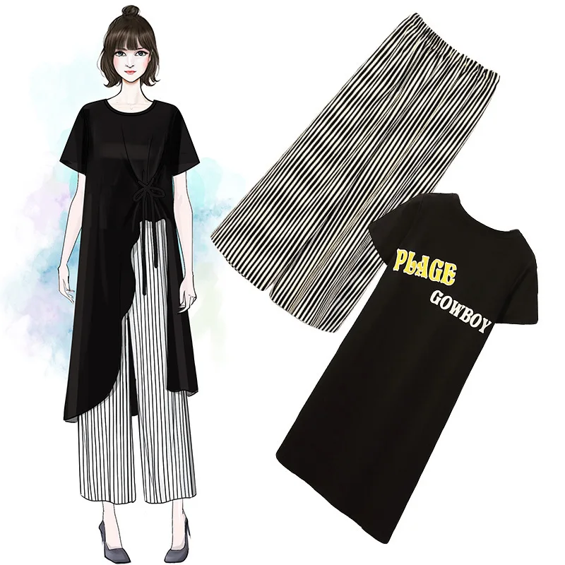 

2019 Summer New Style Korean-style Large Size Plus-sized Womenswear Size Irregular Slit-Lace-up Short Sleeve T-shirt And Stripes