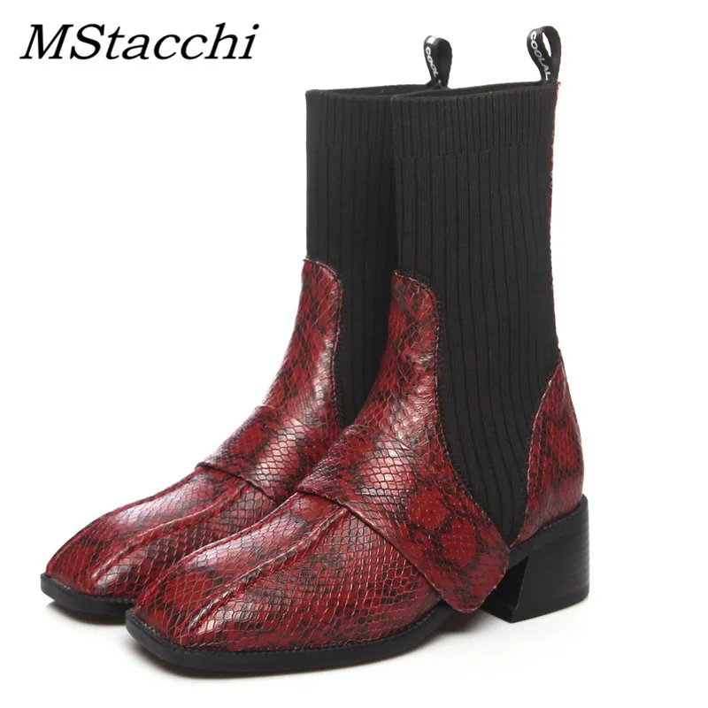 

MStacchi Women Genuine Leather Knitting Boots Women High Quality Ankle Boots For Woman Square Med Heels Black Riding Shoes Lady
