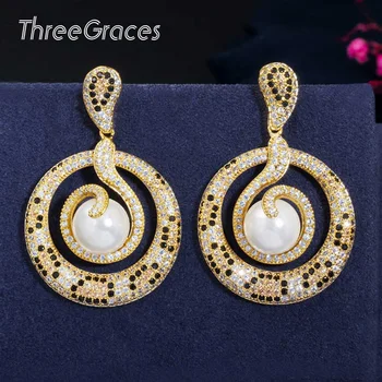 

ThreeGraces High Quality Dubai CZ Round Snake Big Pearl 18k Gold Dangle Drop Earrings for Women Party Jewelry ER356